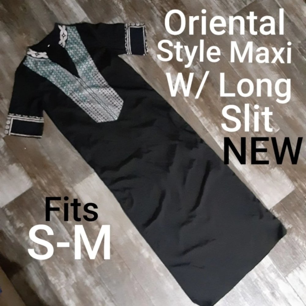 NEW Boutique Satin Like Oriental Style Maxi Dress With long Side Slit